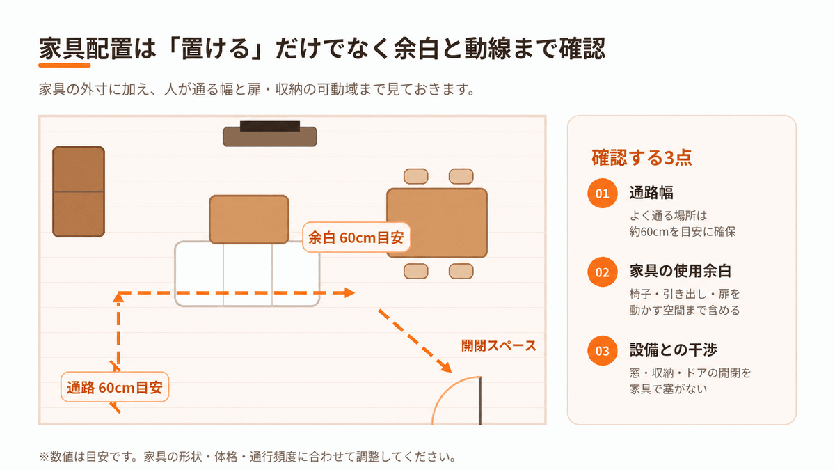 家具配置で主な通路、椅子の後ろ、収納・ドア前に必要な余白を示した図