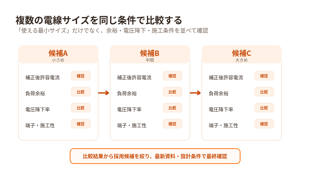 複数の電線サイズ候補を同じ条件で比較する項目