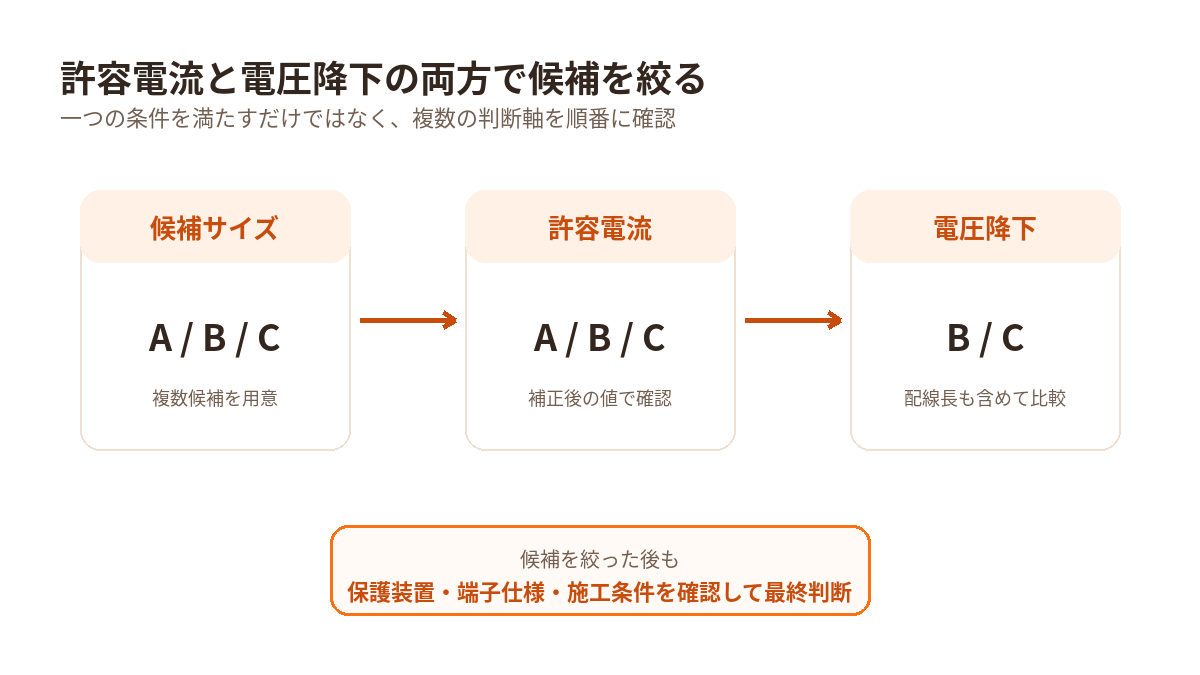 許容電流と電圧降下の両方で電線サイズ候補を絞る流れ