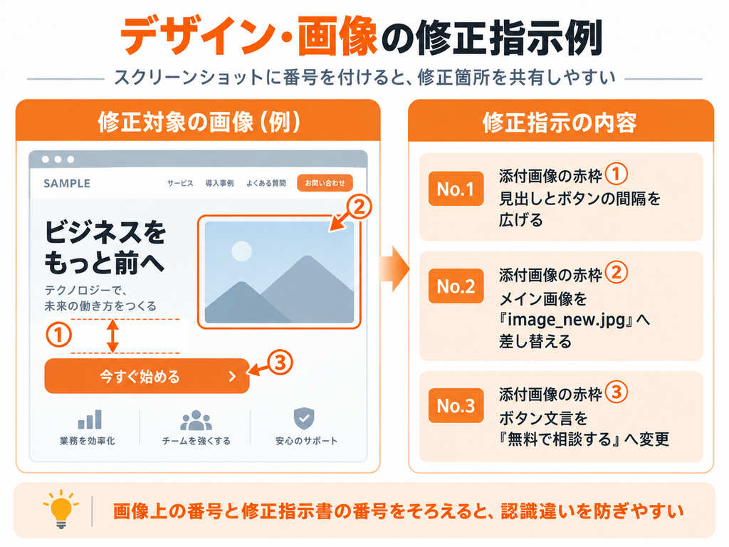 Webページのスクリーンショットに番号を付け、余白・画像・ボタンの修正箇所を具体的に示した例