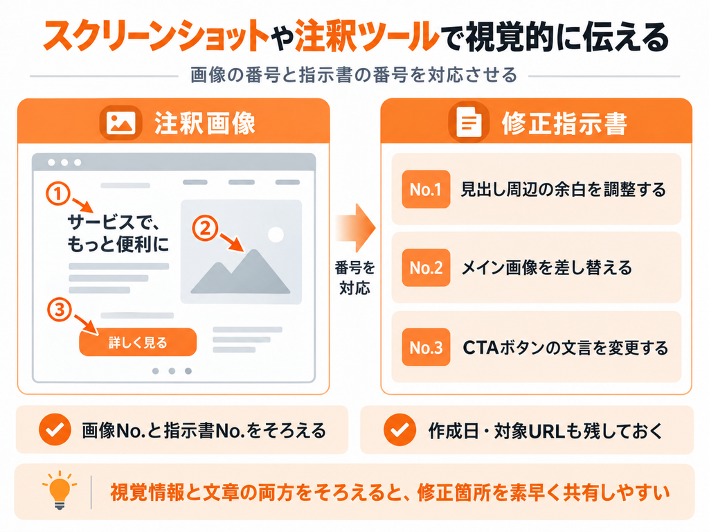 スクリーンショット上の番号と修正指示書の番号を対応させて修正箇所を共有する方法