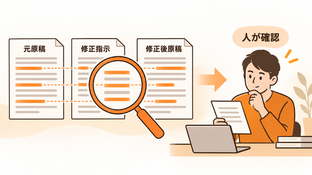原稿照合を補助しながら、最終的な判断は人が行う確認フローのイメージ