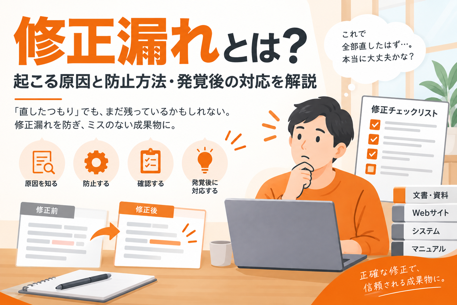 修正漏れの原因・防止方法・発覚後の対応をテーマに、ノートPCで修正内容を確認する人物とチェックリスト、修正前後の資料を描いたアイキャッチ画像