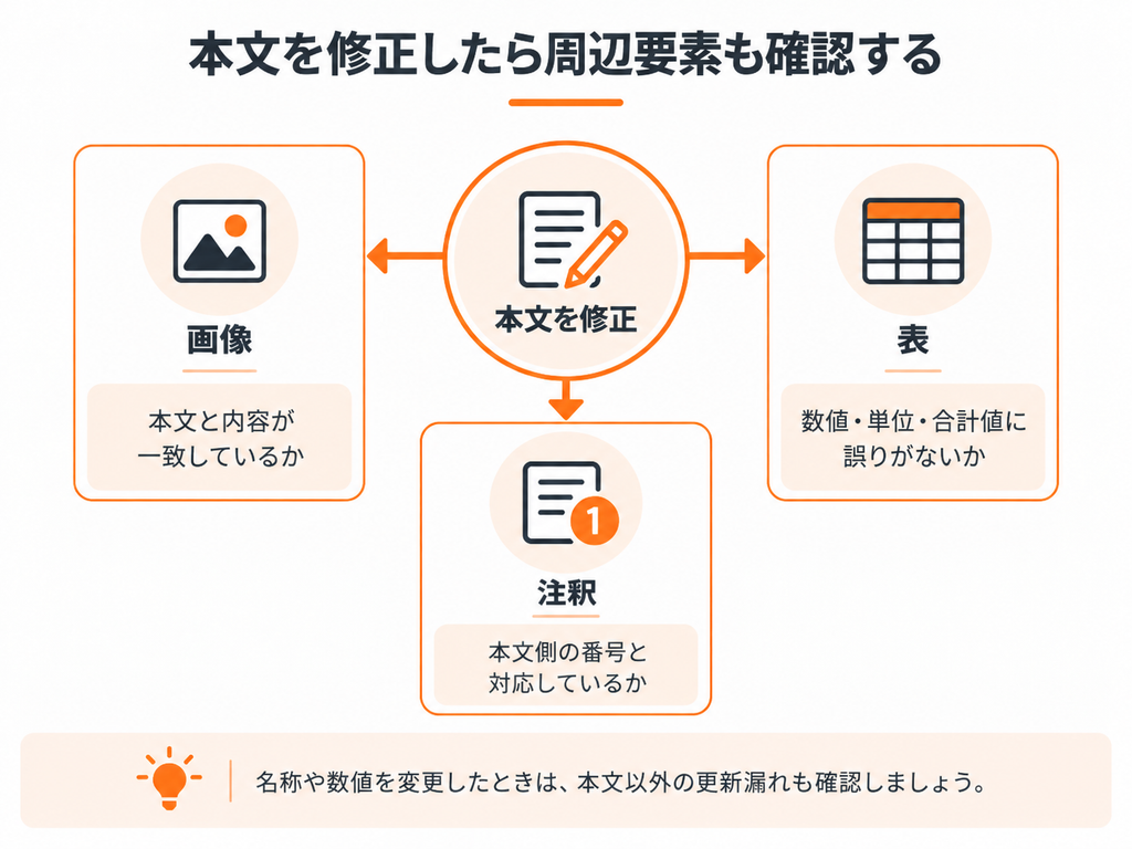 本文を修正した際に、画像の内容、表の数値や単位、注釈番号もあわせて確認する必要があることを示した図