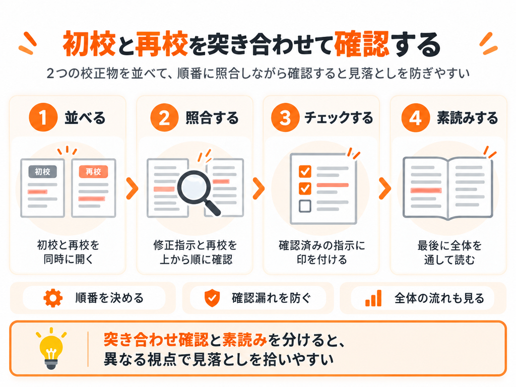 初校と再校を並べ、修正指示の照合、確認済みチェック、全体の素読みまでを行う手順