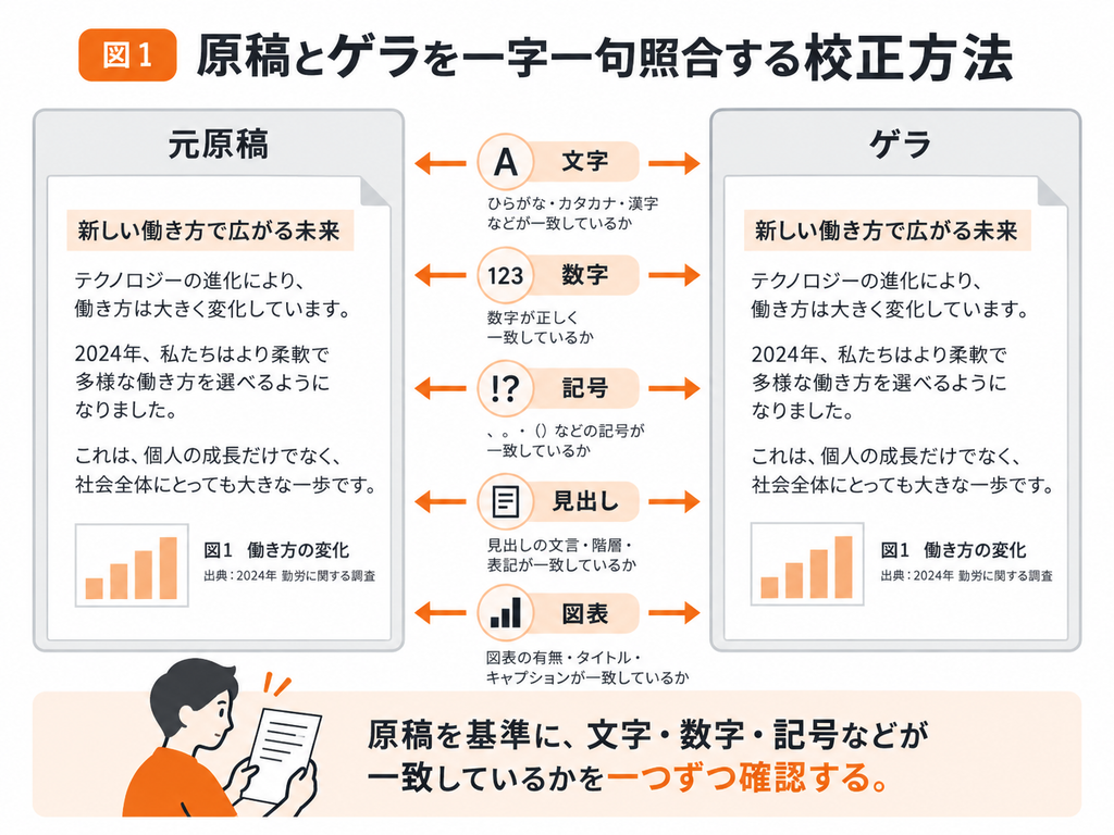 元原稿とゲラを並べ、文字・数字・記号・見出し・図表が一致しているかを一つずつ確認する突き合わせ校正の方法を示した図