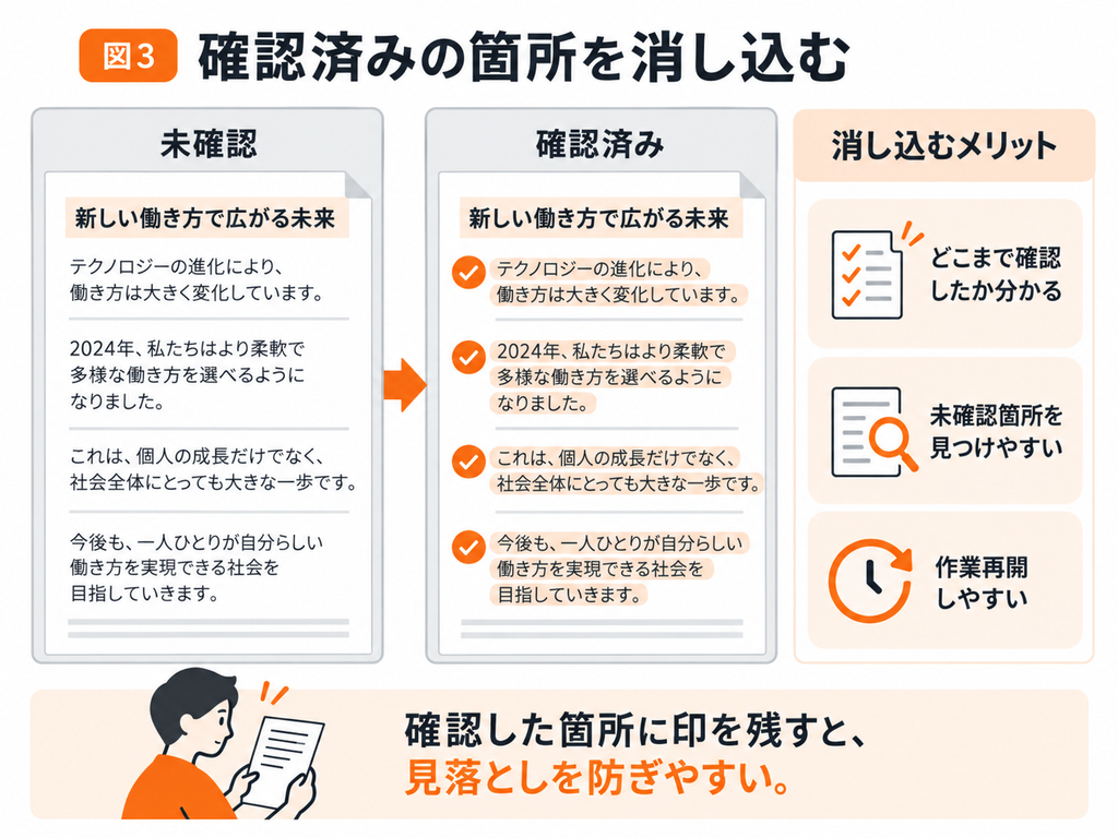 未確認の原稿と確認済みの原稿を比較し、チェックを付けて消し込むことで確認範囲を管理する方法とメリットを示した図