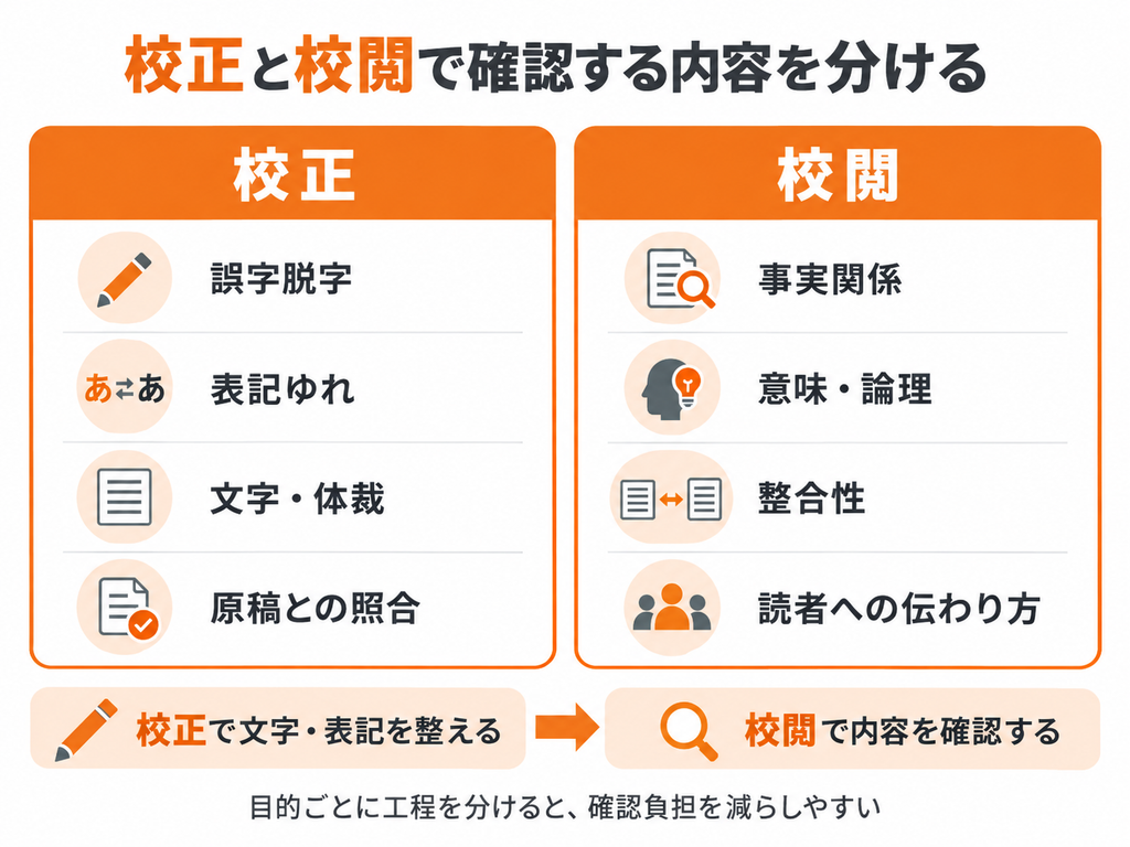 校正で確認する誤字脱字や表記と校閲で確認する事実関係や論理を比較した図