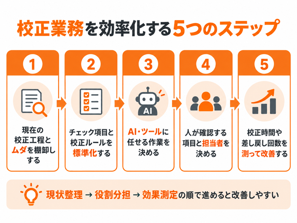 校正工程の棚卸しからルール標準化、役割分担、効果測定までの5ステップ