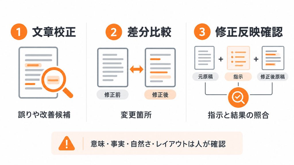 文章校正は1つの原稿、差分比較は修正前後の2原稿、修正反映確認は元原稿・指示・修正後原稿を扱うことを示す図