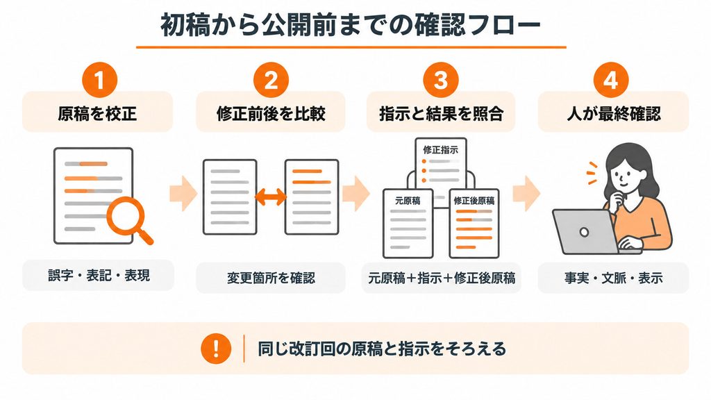 原稿の校正、修正前後の比較、指示と結果の照合、人による事実・文脈・表示の最終確認を順に示す図